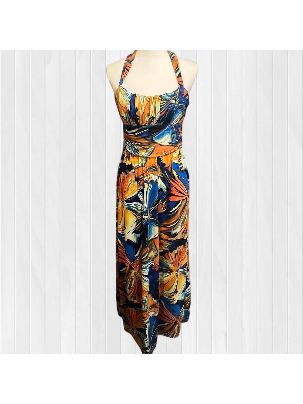 Vintage Y2K Snap Abstract Floral Halter Maxi Dress maximalist vacation Size L